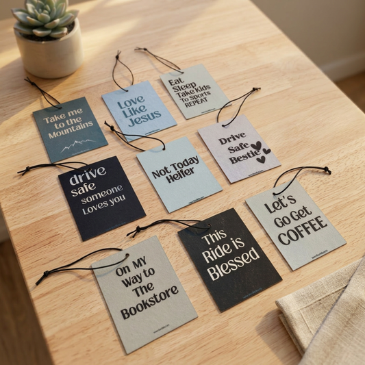 Felt hanging car air fresheners with affirmation, faith, coffee, and mom-life sayings